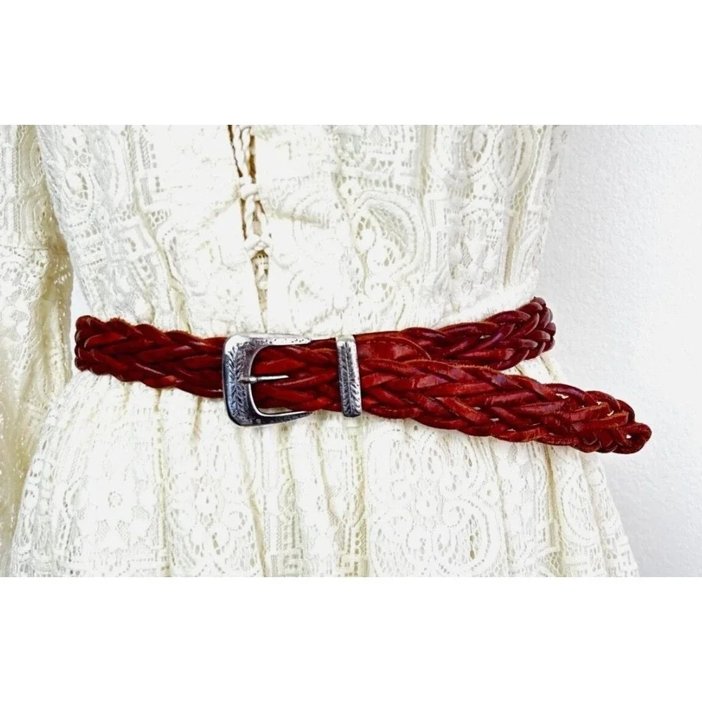 VTG Woven Brown Leather Belt M Argentina Westcore Cowgirl Bohemian Etch Silver